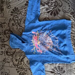 Blue Graphic Hoodie Sweatshirt with Spiderweb Print